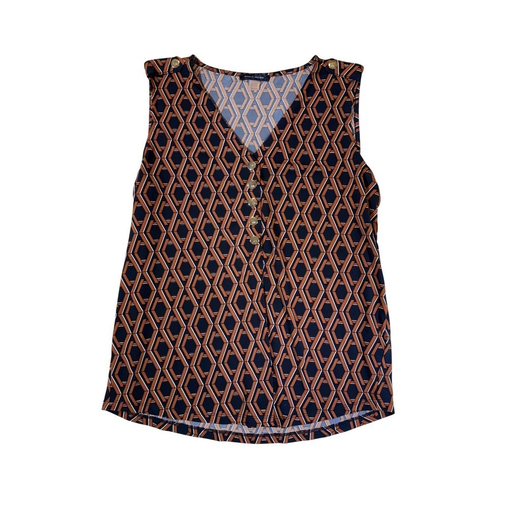 Tommy Hilfiger Women Navy Blue Geometric Sleeveless V Neck Button Up Top M